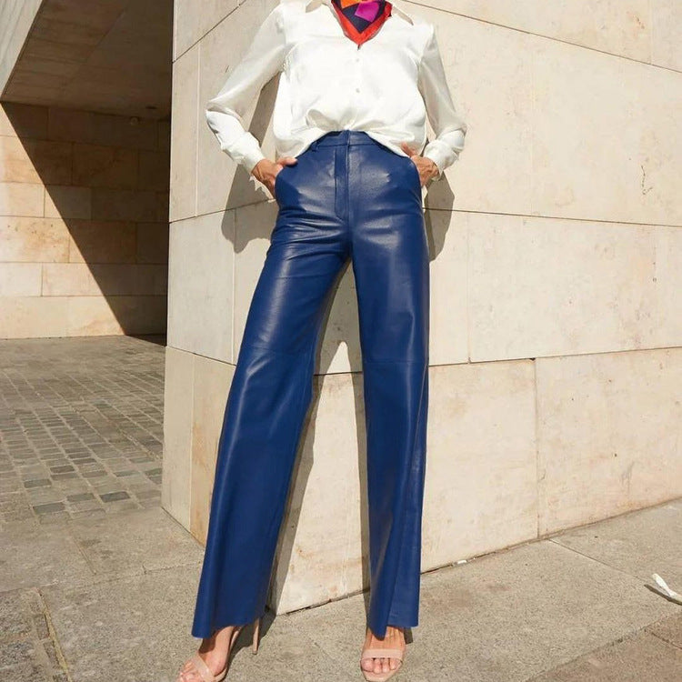 Faux Leather Mid High Waist Hip Lifting Straight Women Casual Pants Women Pants