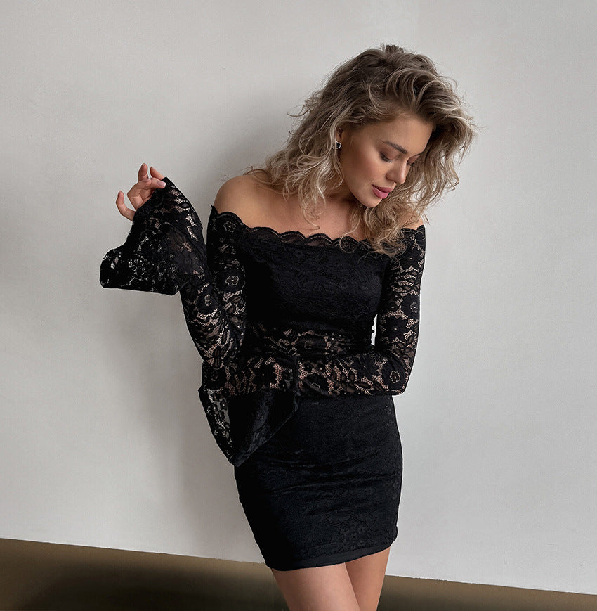 Off Shoulder Sexy Lace Dress Women Winter Cinched Bodycon Pure Sexy Hip