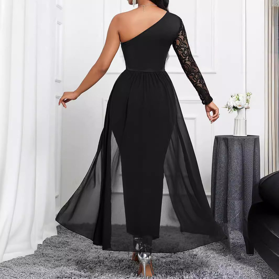 Summer Elegant One Shoulder Long Sleeve Lace Slim Chiffon Straight Leg Pants Women Jumpsuit