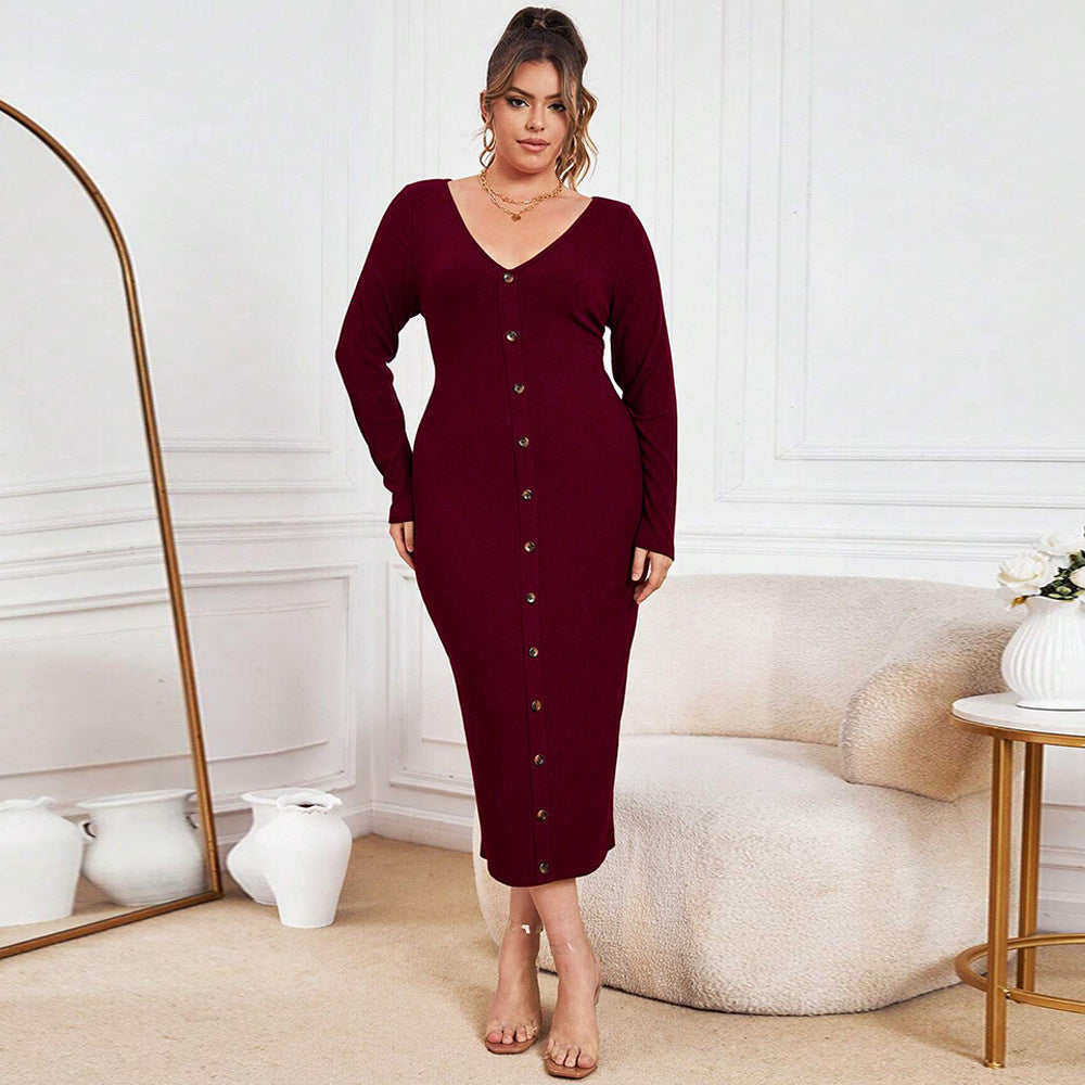 Plus Size Sexy Knitted V neck Maxi Dress