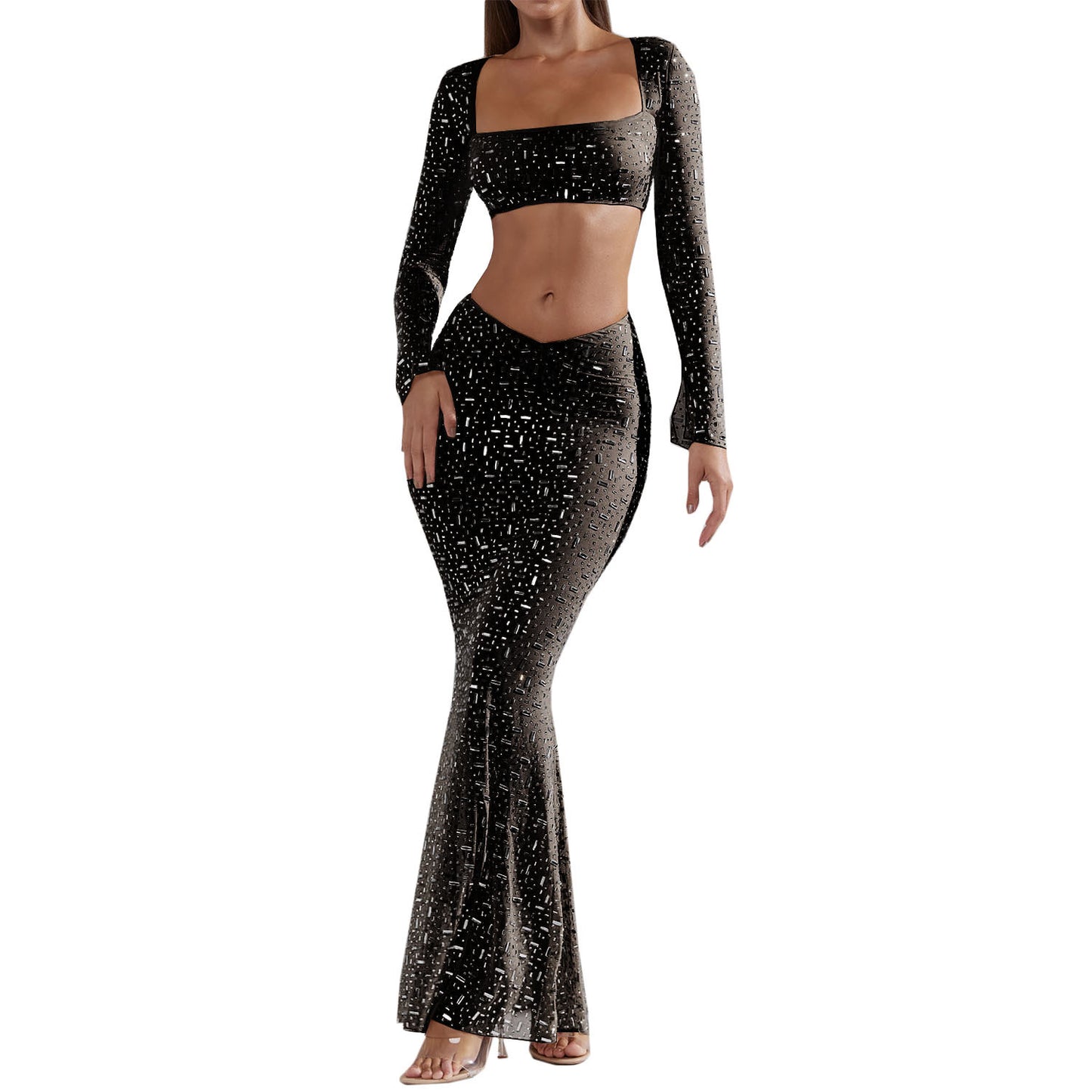 Women Clothes Sexy Rhinestone Top Mermaid Skirt Skirt Set