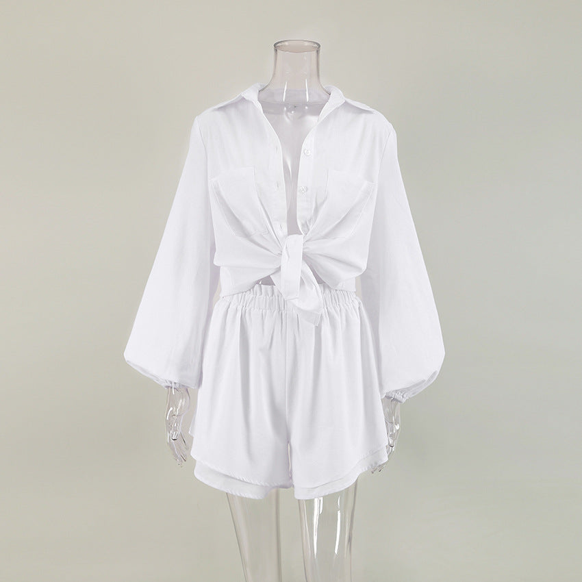 Summer Cotton Linen Women Long Sleeve Blouse Ruffled Shorts Two Piece Casual Fashion White Suit