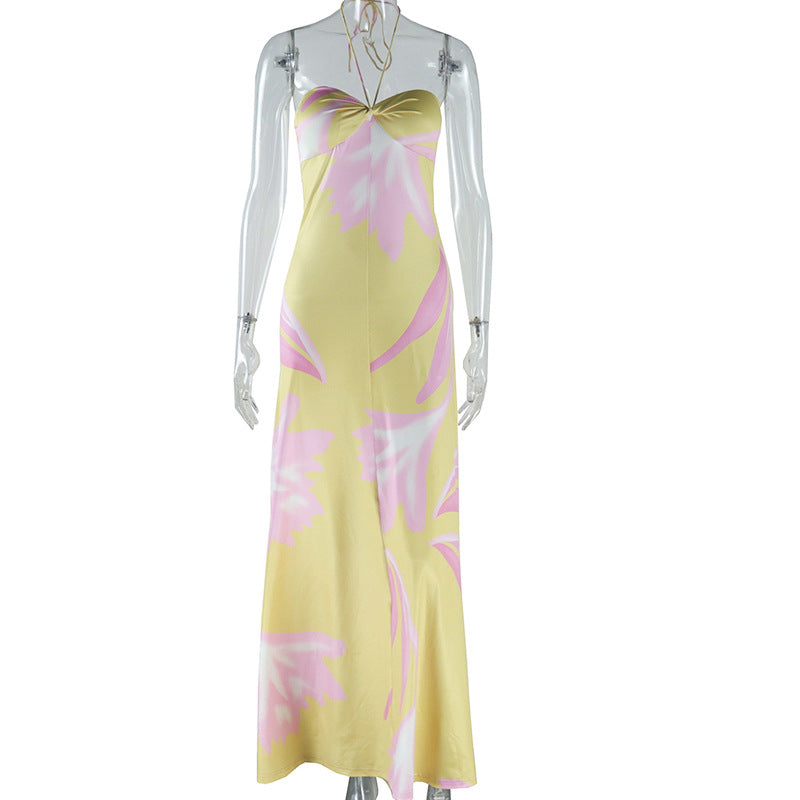 Halter Dress Digital Printing Wrapped Chest Sleeveless Pullover Backless Mid Waist Slim Fit A line Dress