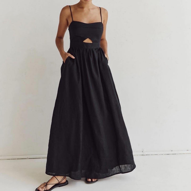 Black Breathable Sling High Waist French Long Dress