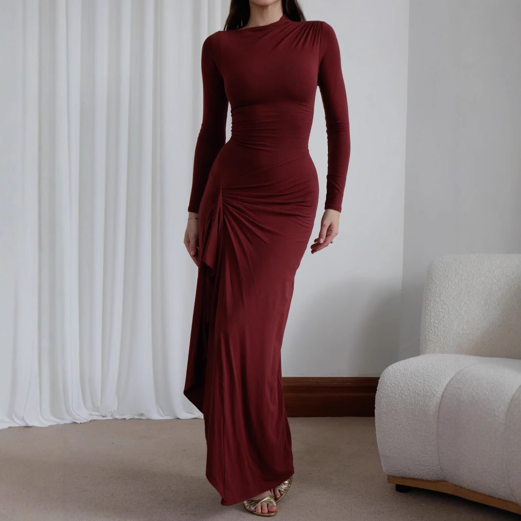 Long Sleeve Slim Fit Dress Casual Lace Up Stretch Maxi Dress