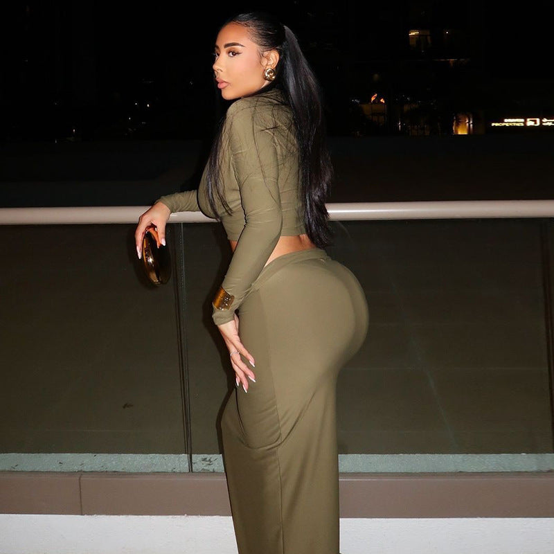 Long Sleeve Diagonal Cropped Top Maxi Skirt Two Piece Set