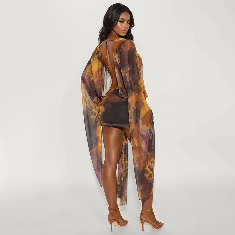 Women Clothing Summer Sexy Mesh Deep V Plunge neck Digital Printing Slim Mini Dress