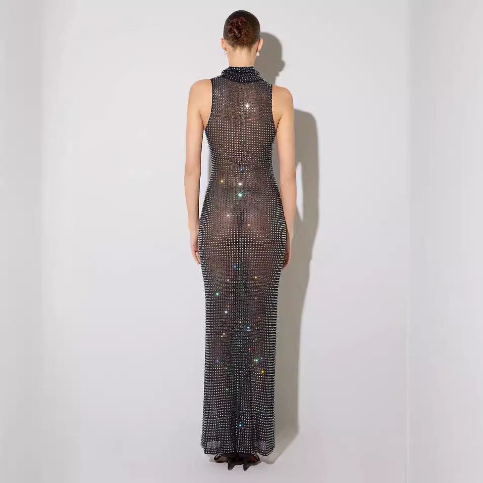 Summer Sexy Sheer Cutout Mesh Rhinestone Sleeveless Maxi Dress Women