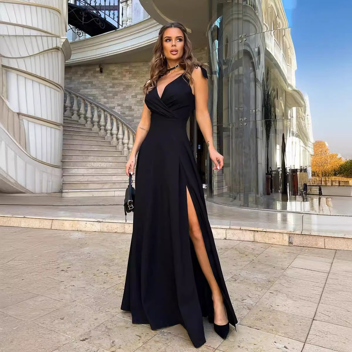 Sassy Long High Waisted V Neck, Tie Shoulder Evening Dress