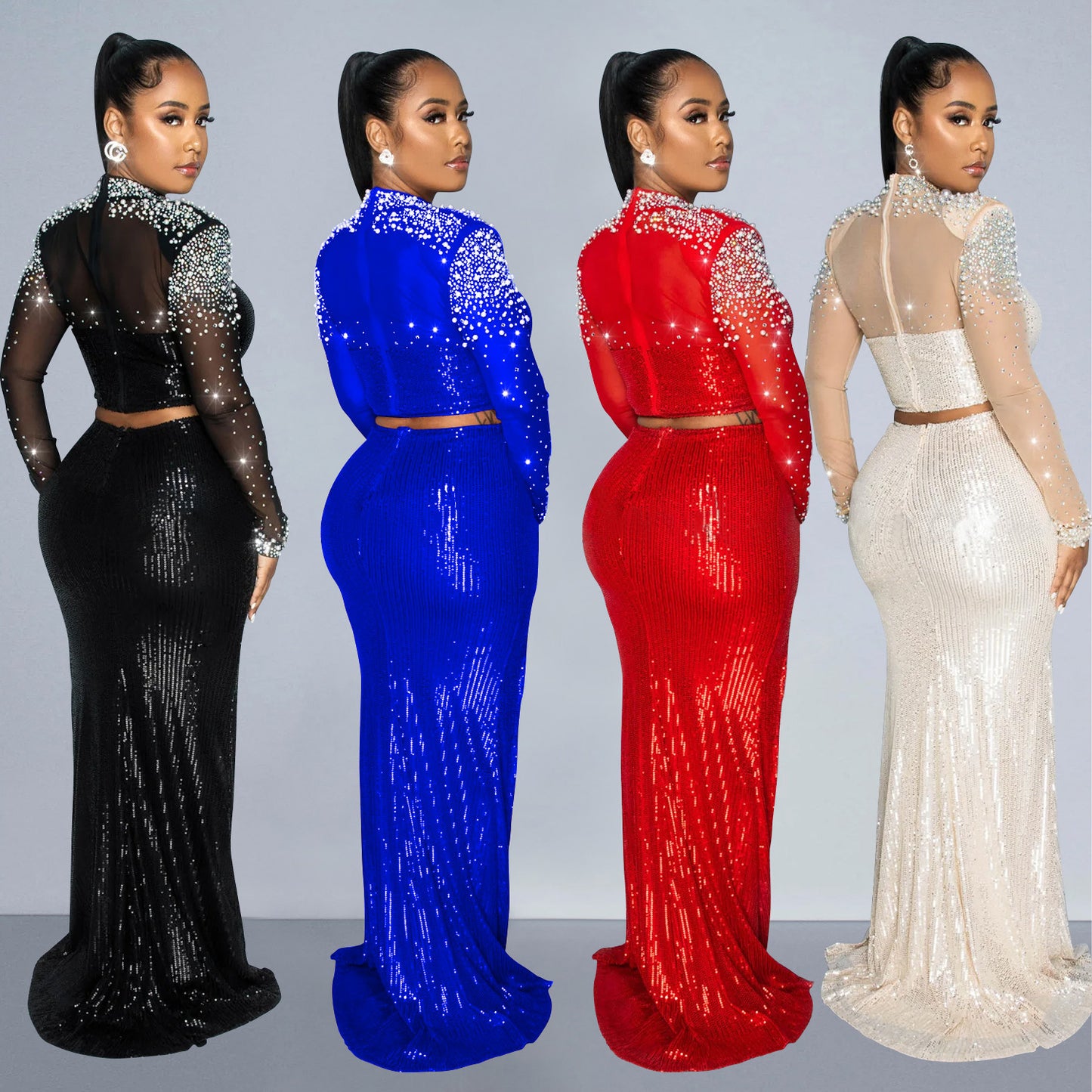 Women Wear round Collar Gauze Sequin Long Sleeve Dress Two Piece Set