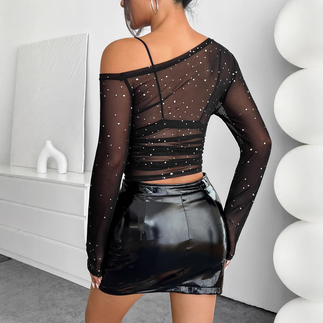 Sexy Black Mesh Asymmetric Collar Long Sleeved Top Women