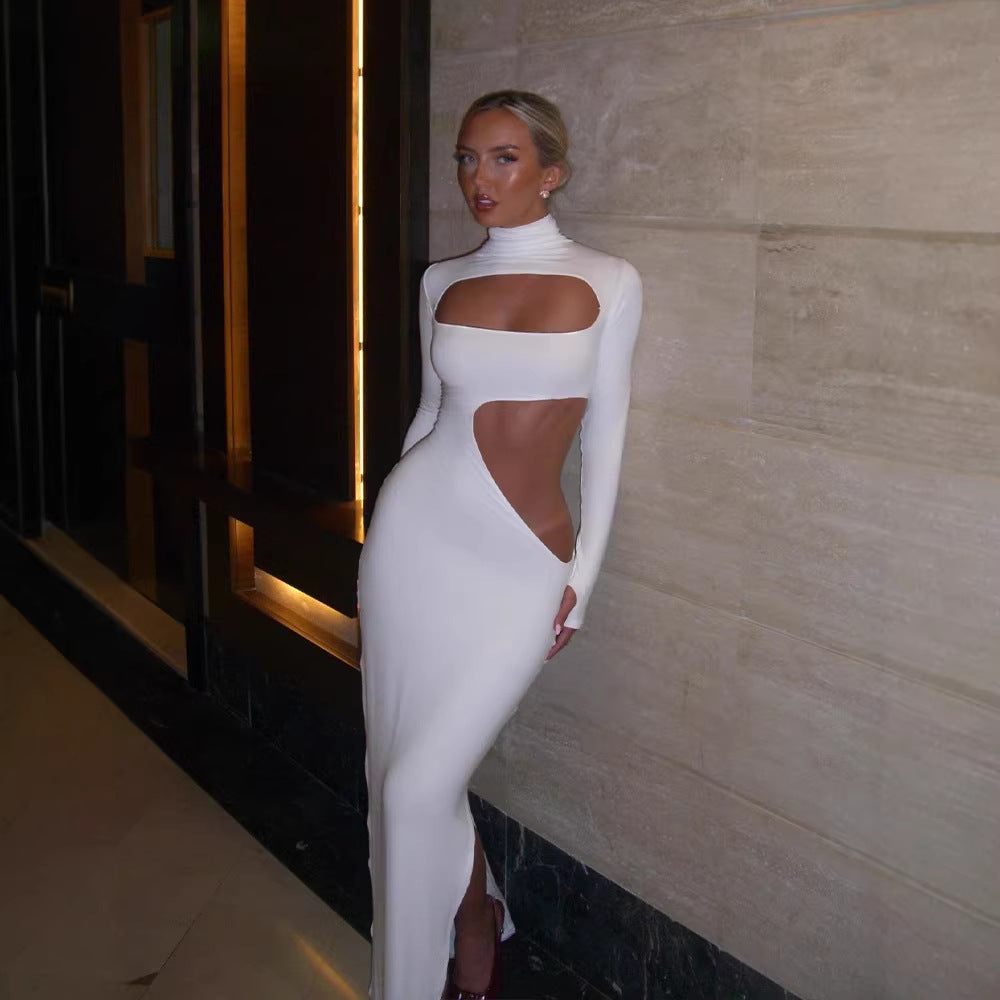 Sexy Dress Women Clothing Turtleneck Long Sleeve Hollow Out Cutout out Tight Slim Solid Color Maxi Dress