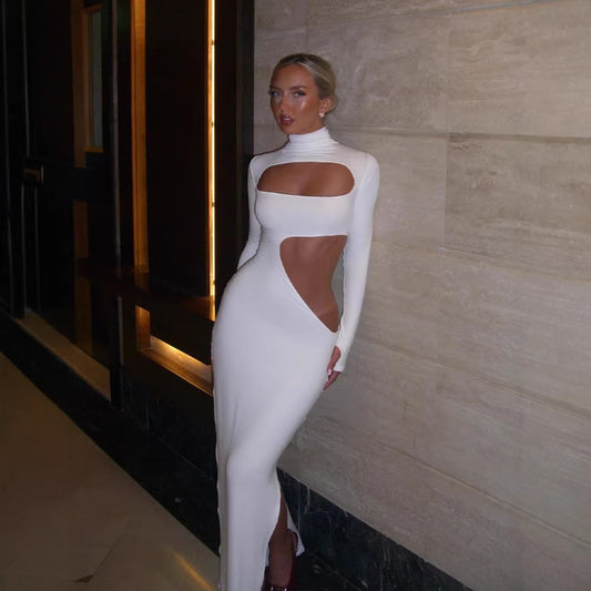 Sexy Turtleneck Long Sleeve Cutout Tight Slim Maxi Dress