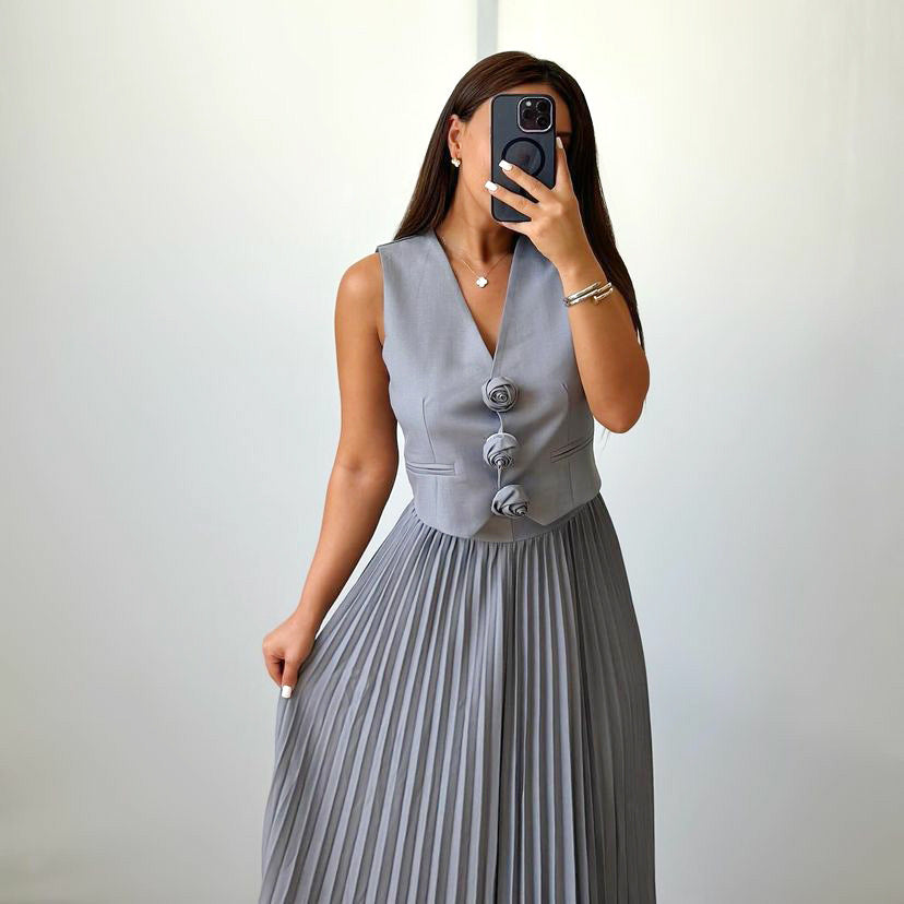 Sleeveless Vest Pleated Skirt Two Piece Set