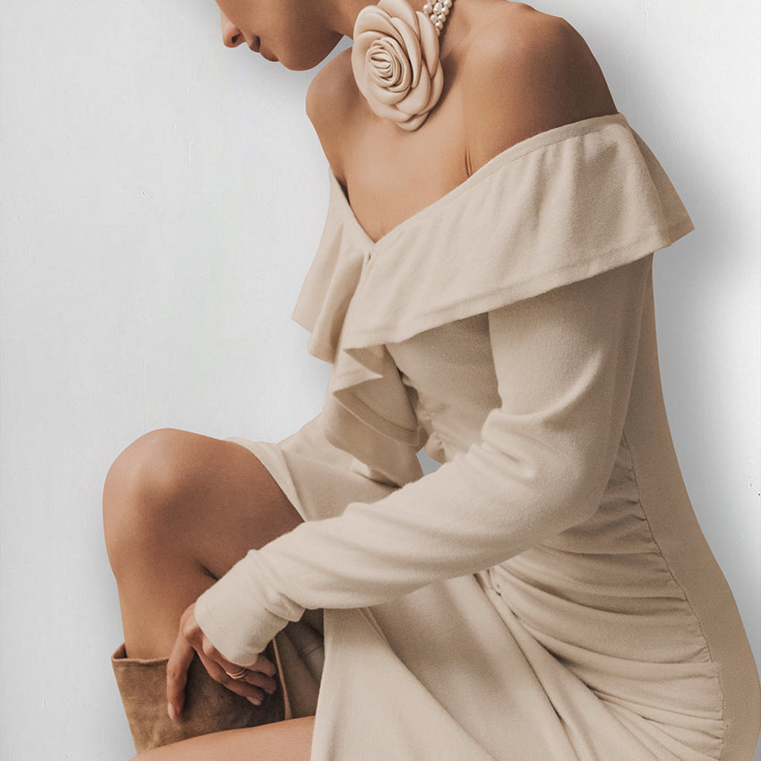 Slim Fit Ruffled Dress Autumn Winter High Sense Khaki off Neck Tube Top Split Fishtail Dress Women