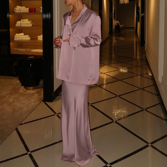 Spring Autumn Satin High Grade Half Length Skirt Set Collared Long Sleeve Top Office Two Piece Set