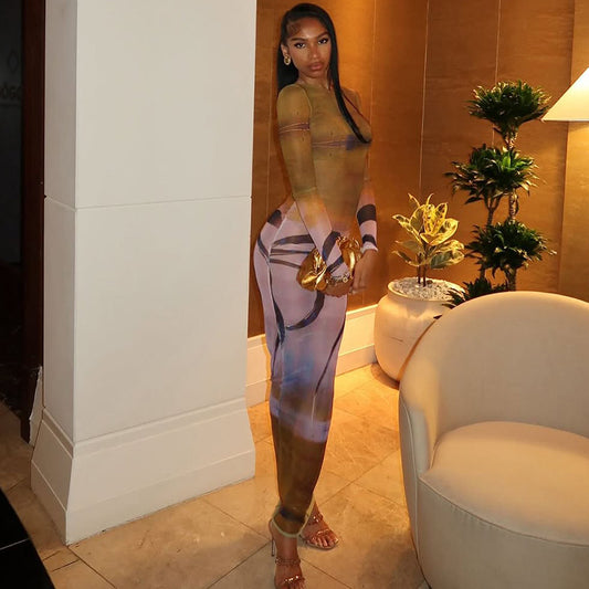 Stitching Printing Hip Retro Turtleneck Long Sleeve Slightly Transparent Maxi Dress