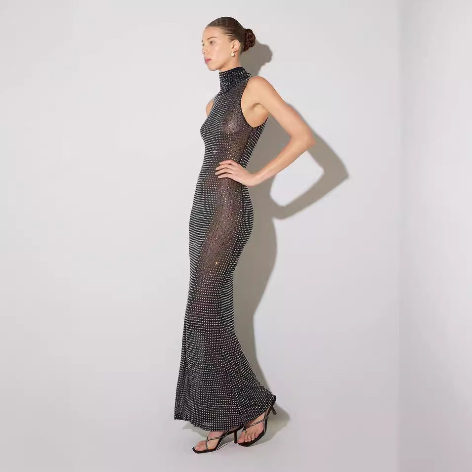 Summer Sexy Sheer Cutout Mesh Rhinestone Sleeveless Maxi Dress Women