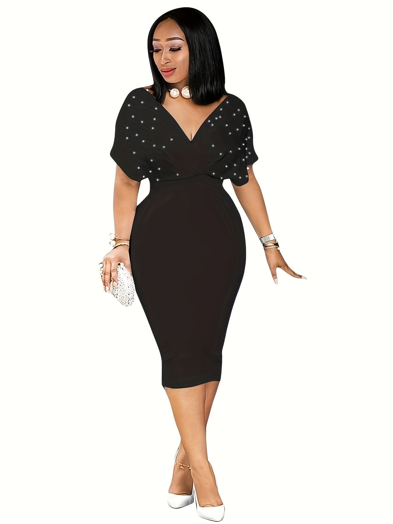 Plus Size Women Clothing Spring Summer Elegant V neck Solid Color Waist Tight Jumpsuit Midi Dress