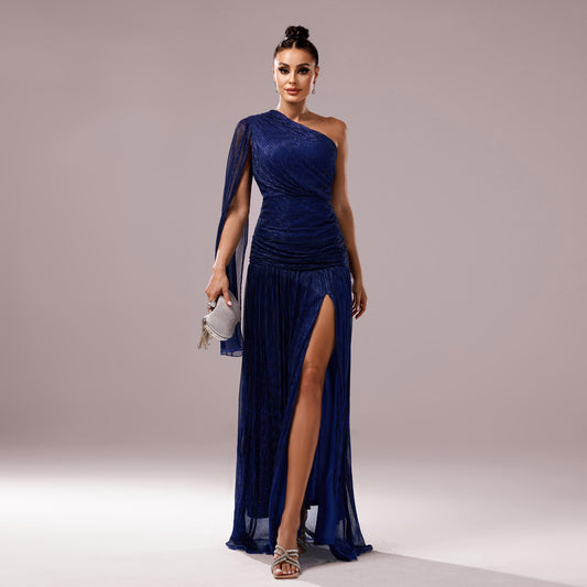 One Shoulder Collar Long Sleeve Evening Dress