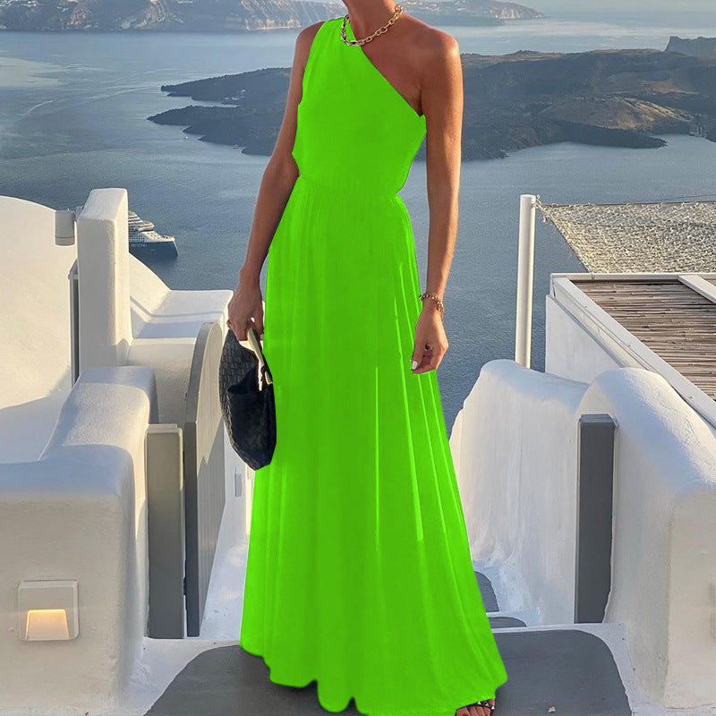 Spring Women Solid Color Sleeveless Shoulder Mid Length Dress