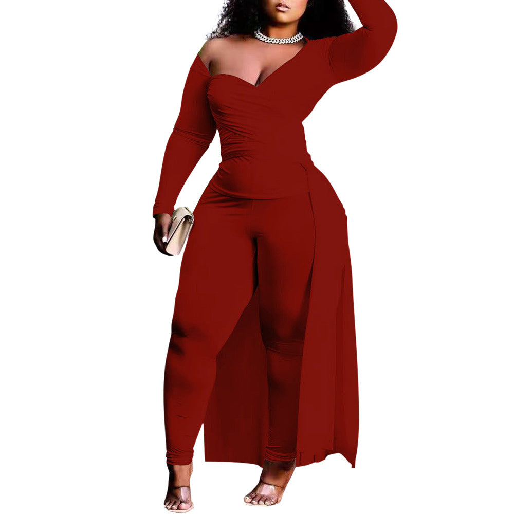 Plus Size Sexy Wrapped Blouse And Pants Two-Piece Set
