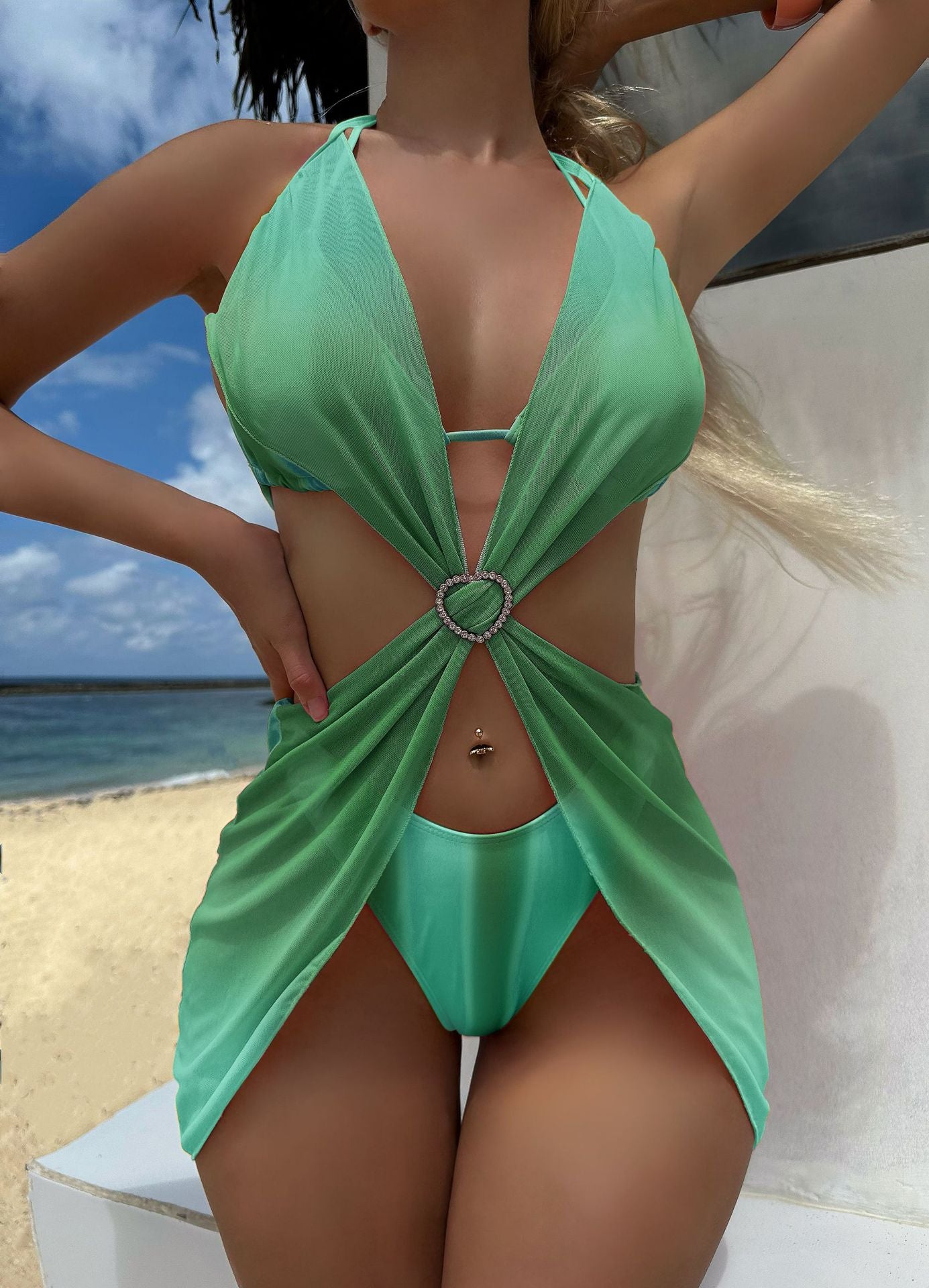 Striped Gradient Love Tulle Skirt Three Piece Swimsuit Bikini Sets