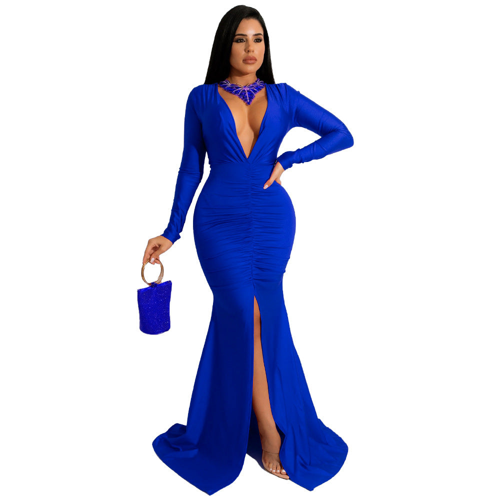 Women Solid Color Sexy V neck Split Sheath Maxi Dress