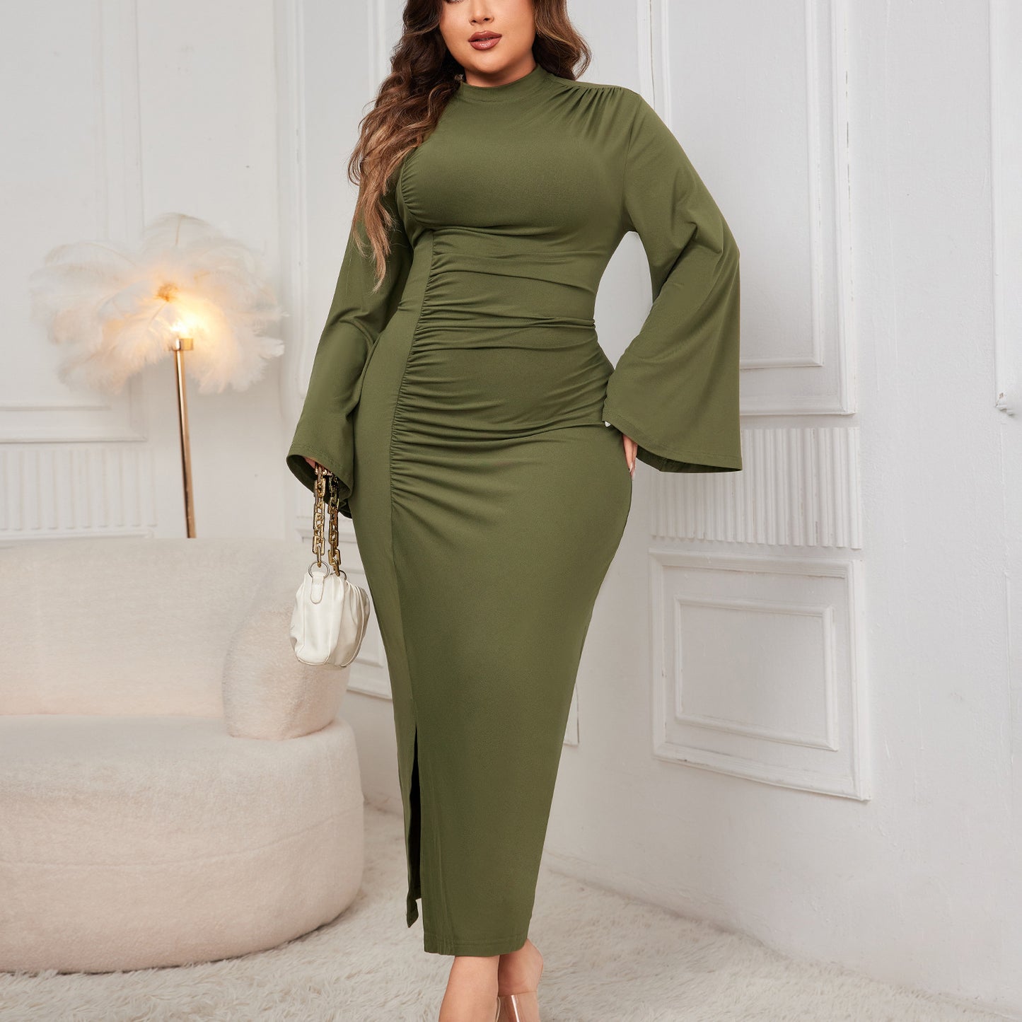 Plus Size Spring Autumn Solid Color Turtleneck Dress Slit Sheath Women