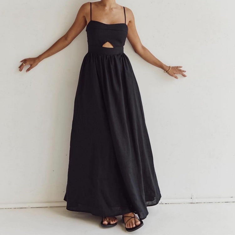 Black Breathable Sling High Waist French Long Dress