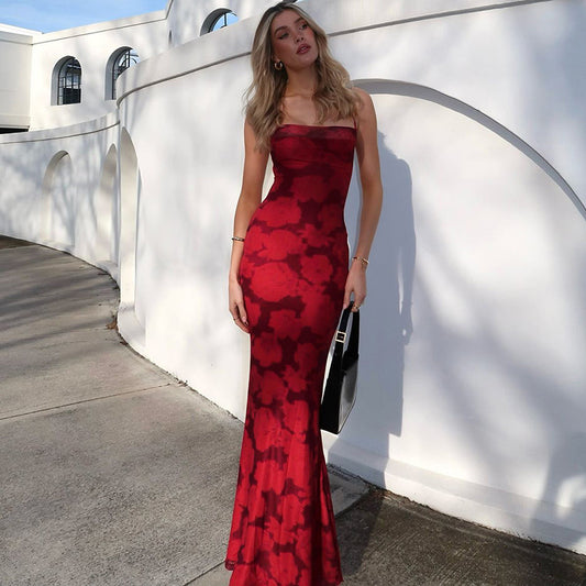 Printed Sexy Backless Stitching Thin Strap Sexy Arrival Sling Double Layer Dress