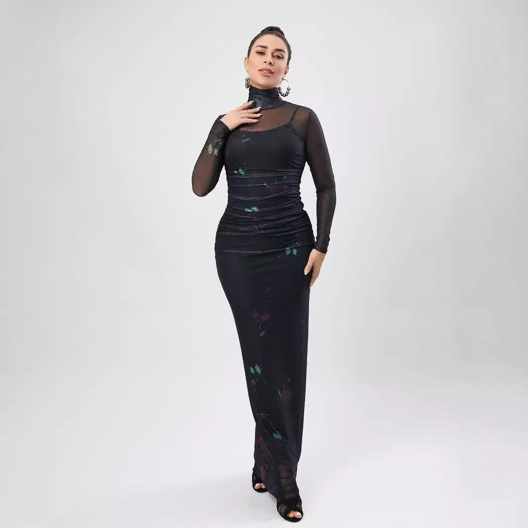 Sexy Floral Mesh See Through Turtleneck Long Sleeve Spaghetti Strap Two Piece Maxi Dress