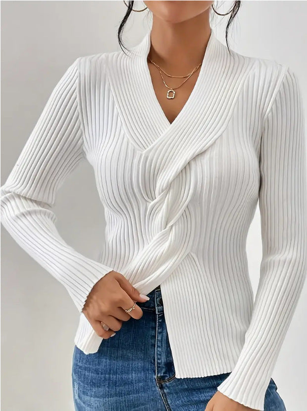 V Neck Slit Hemline Long Sleeve Slim Fit Sweater