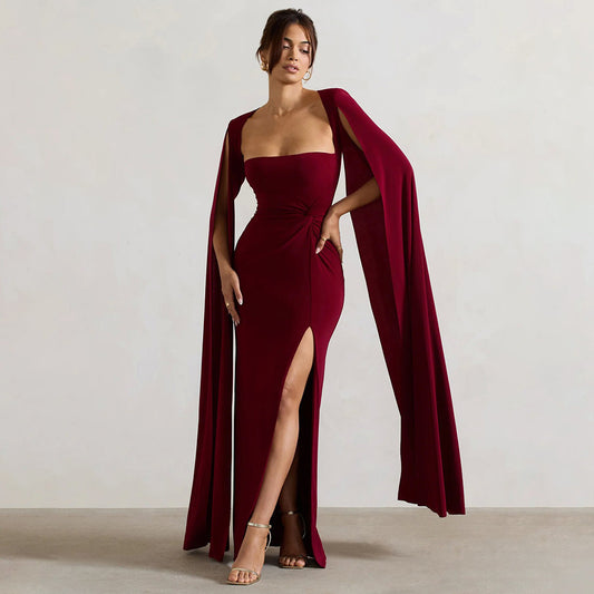 Dress Square Collar Mop Long Sleeve High Slit Solid Color Sexy Dress