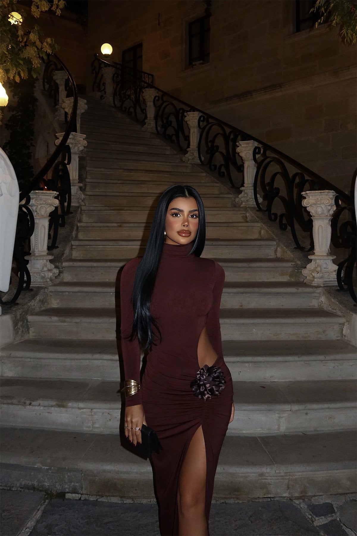 Sexy Elegant Cutout With Three Dimensional Floral Turtleneck Evening Dress
