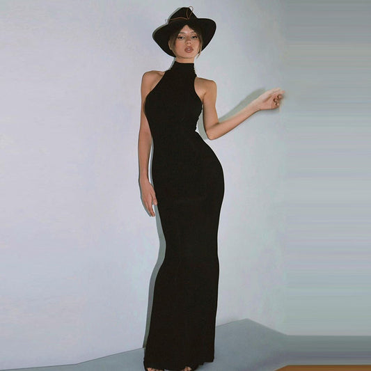 Fashionable Half Turtleneck Sleeveless Solid Color Slim Waist Slimming Maxi Dress