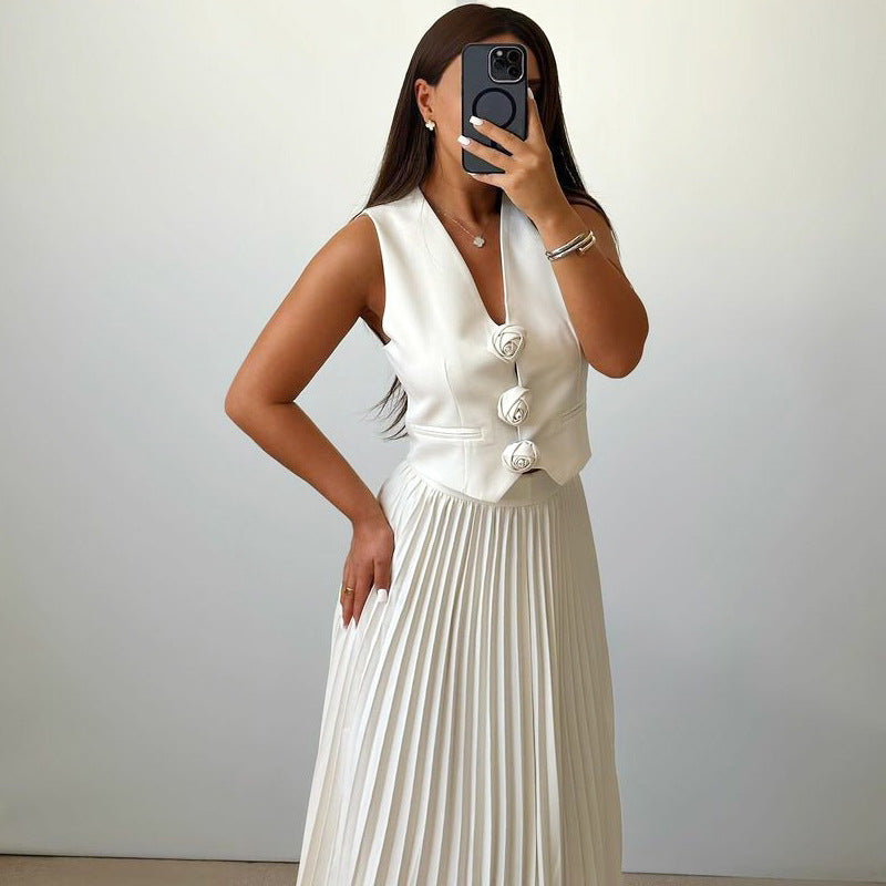 Sleeveless Vest Pleated Skirt Two Piece Set