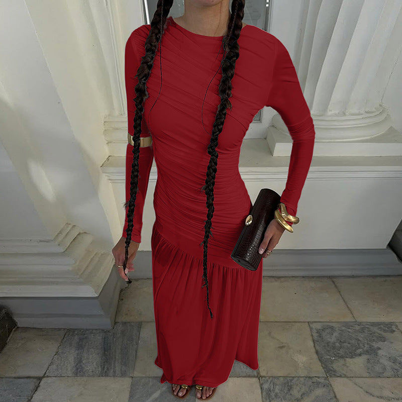 Summer Slim Fit Pleated round Neck Long Sleeved Dress Women