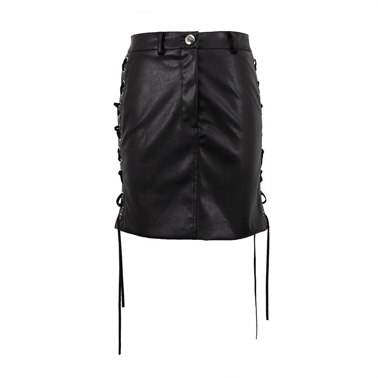 Faux Leather Skirt Lace-up Split Skirt Women Sexy Black Short Sheath Skirt