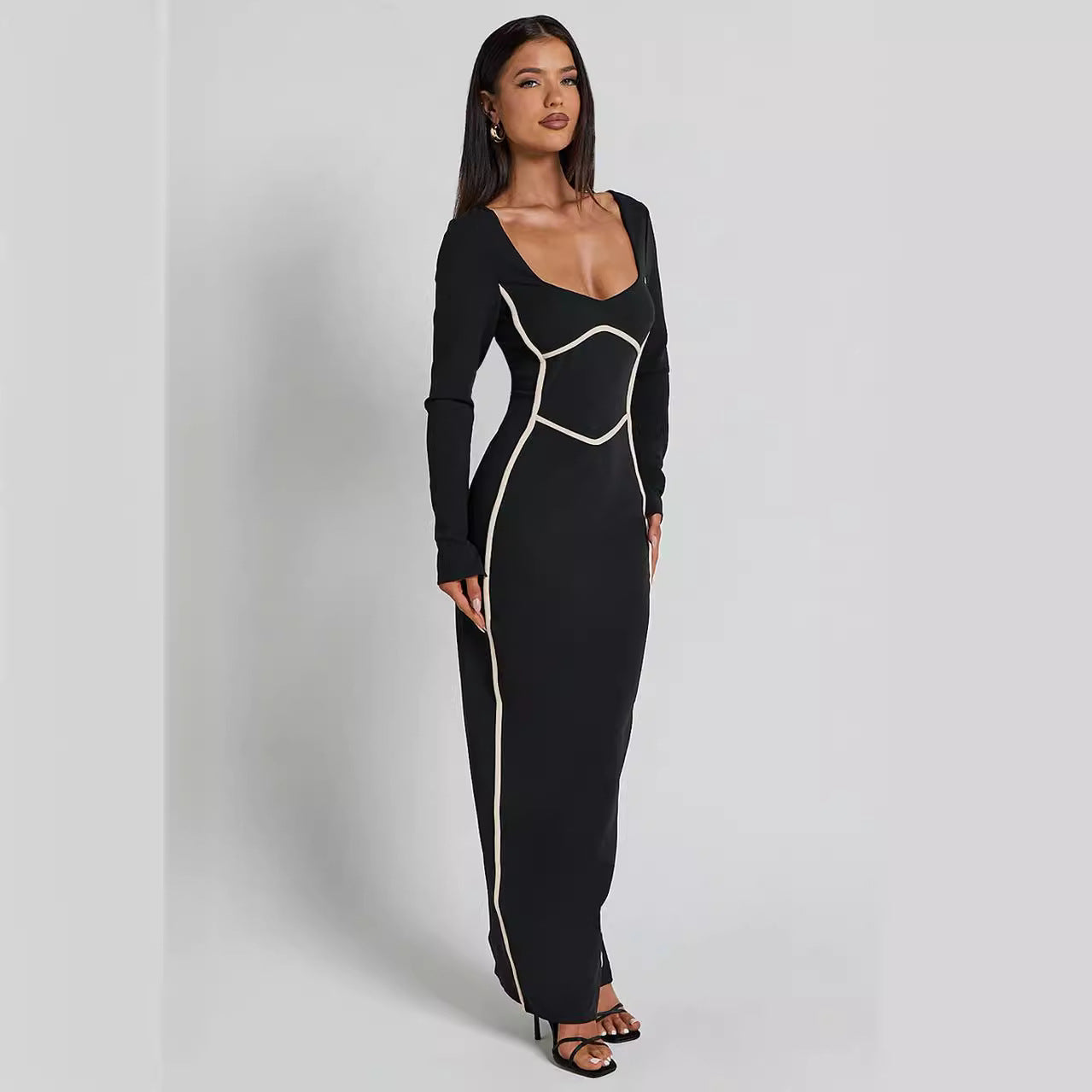 Knitted Long Sleeved Backless Sexy Dress U Collar Color Contrast Patchwork Waist Tight Pencil Lead Dress