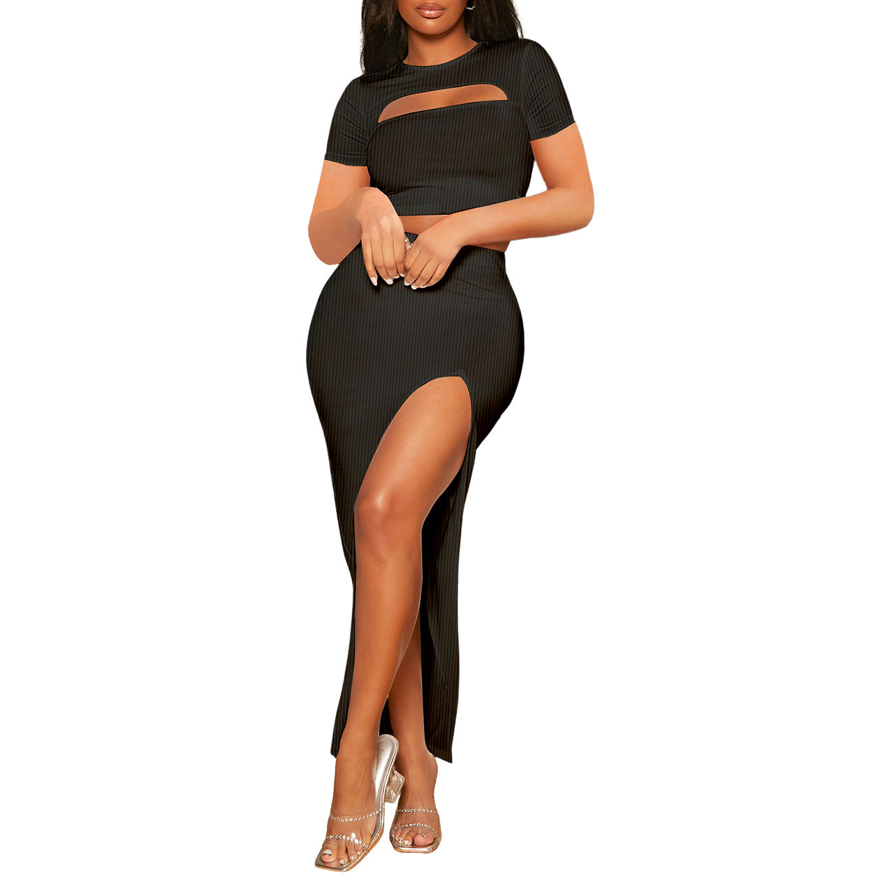 Women Clothing Round Neck Hollow Out Cutout Short Sleeve Skirt Slit Slim Fit Sexy Two Piece Suit