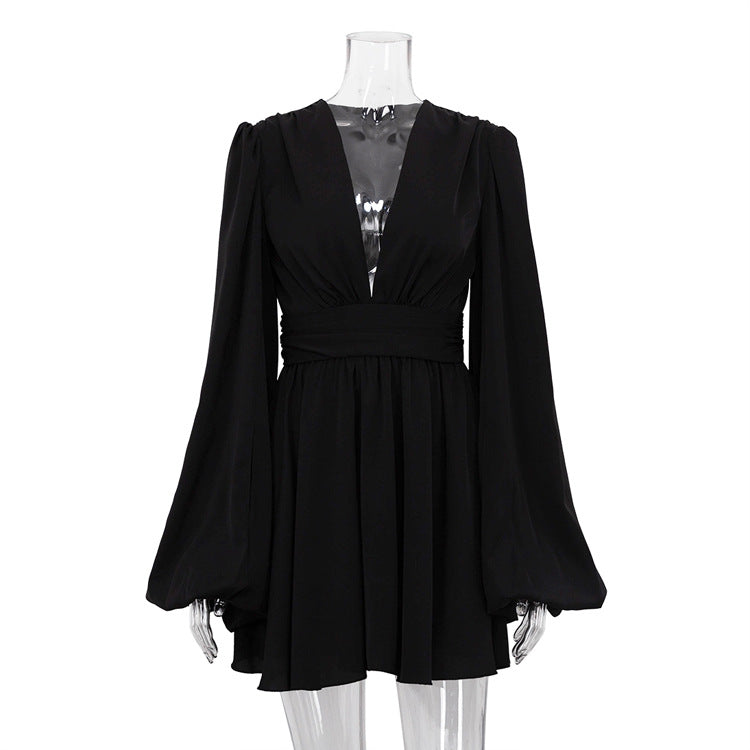 French Puff Sleeve High Waist Dress V Neck Sexy Black Mini Dress