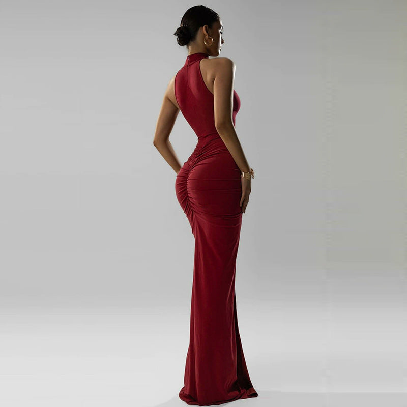 Women Summer Back Zipper Pleated Sleeveless Dress