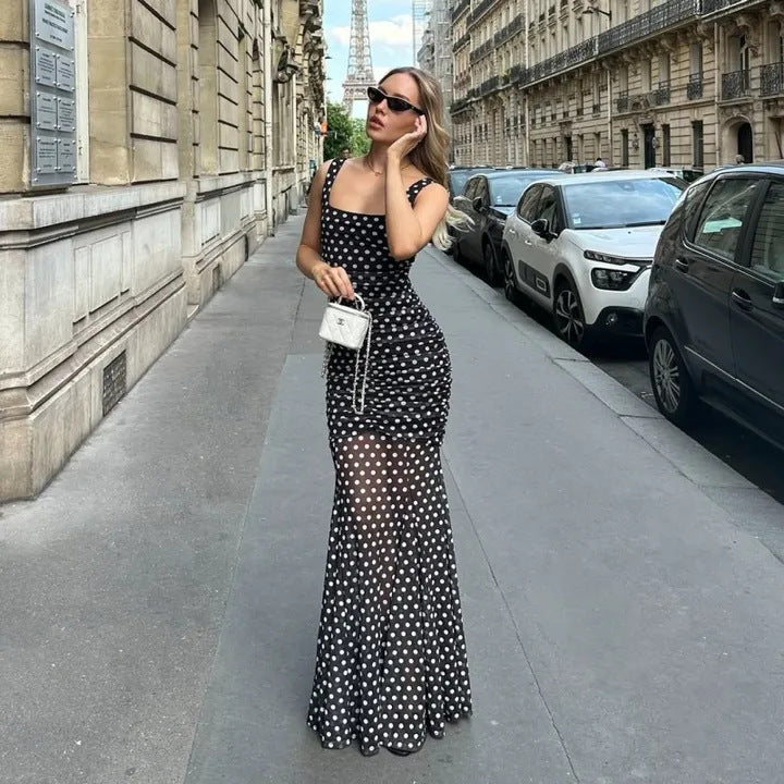 Sexy Dot Mesh Square Collar Pleated Waist Tight See through Fishtail Dress