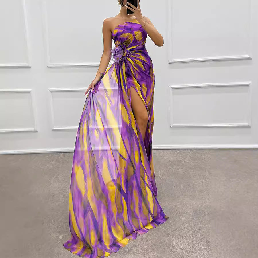 One Shoulder Chiffon Floral Print Wtih Split Long Dress