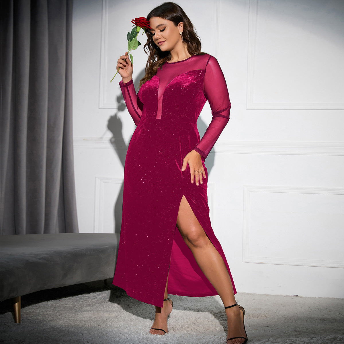 Velvet Sexy High Split Cocktail Midi Dress