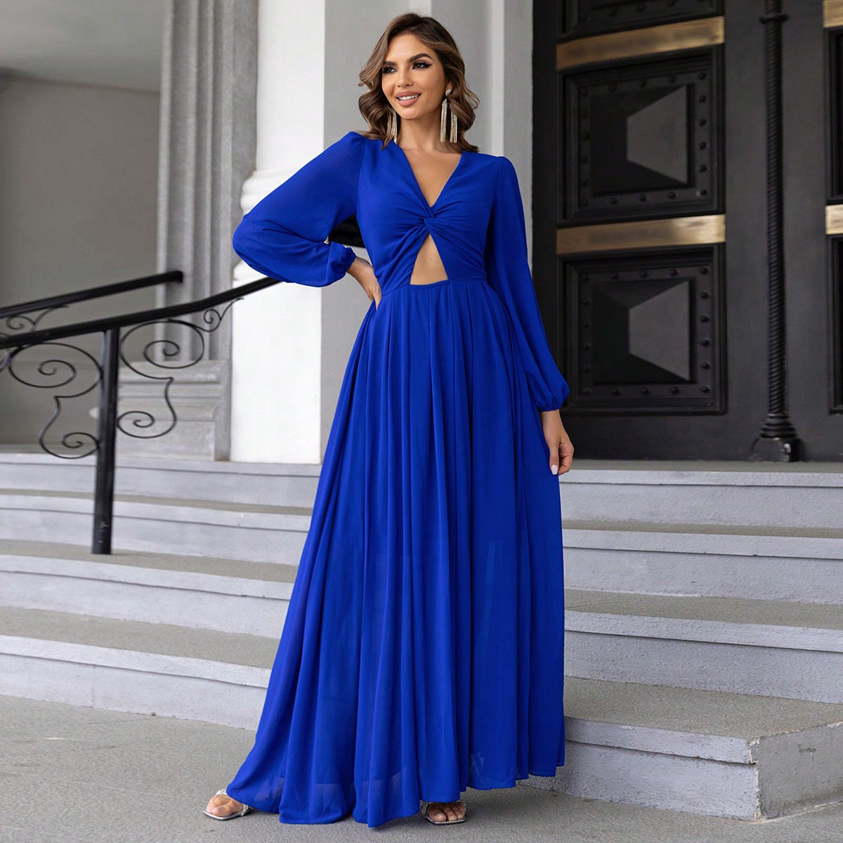 Women Clothing Front Twist Hollow Out Cutout Out Lantern Sleeve Dress