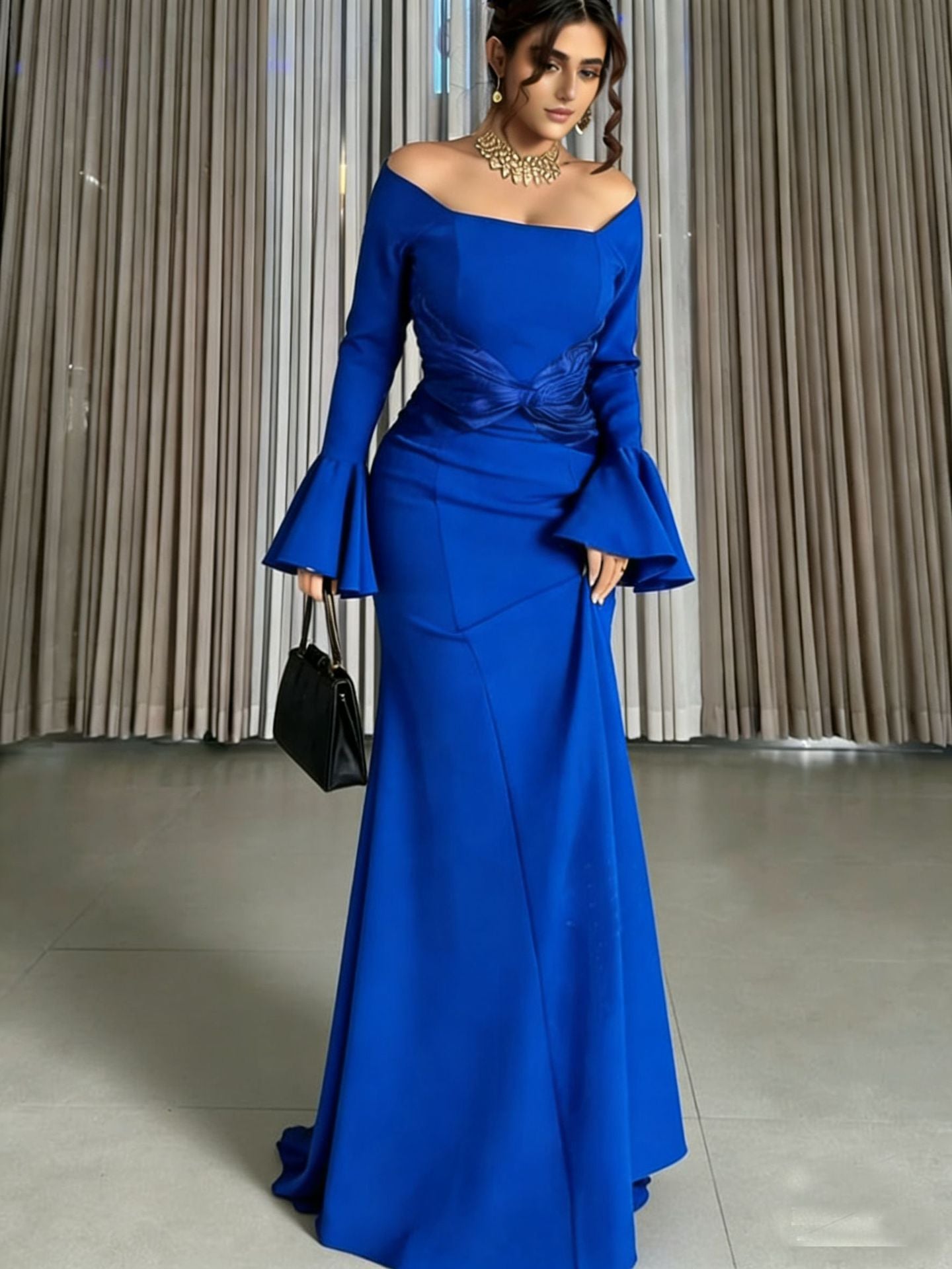 Women's Long Sleeve off Shoulder Stitching Ruffle Slim Dress