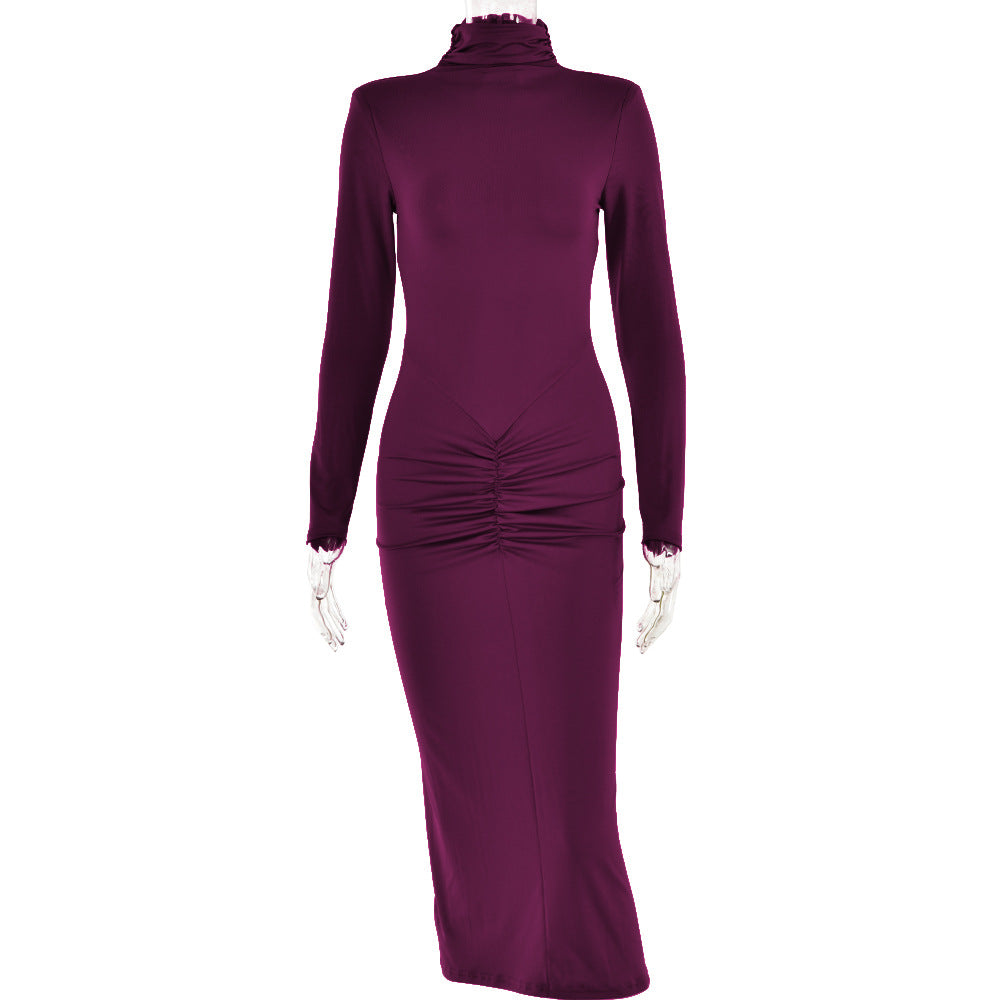 High Collar Long Sleeves Sexy Elegant Bodycon Maxi Dress