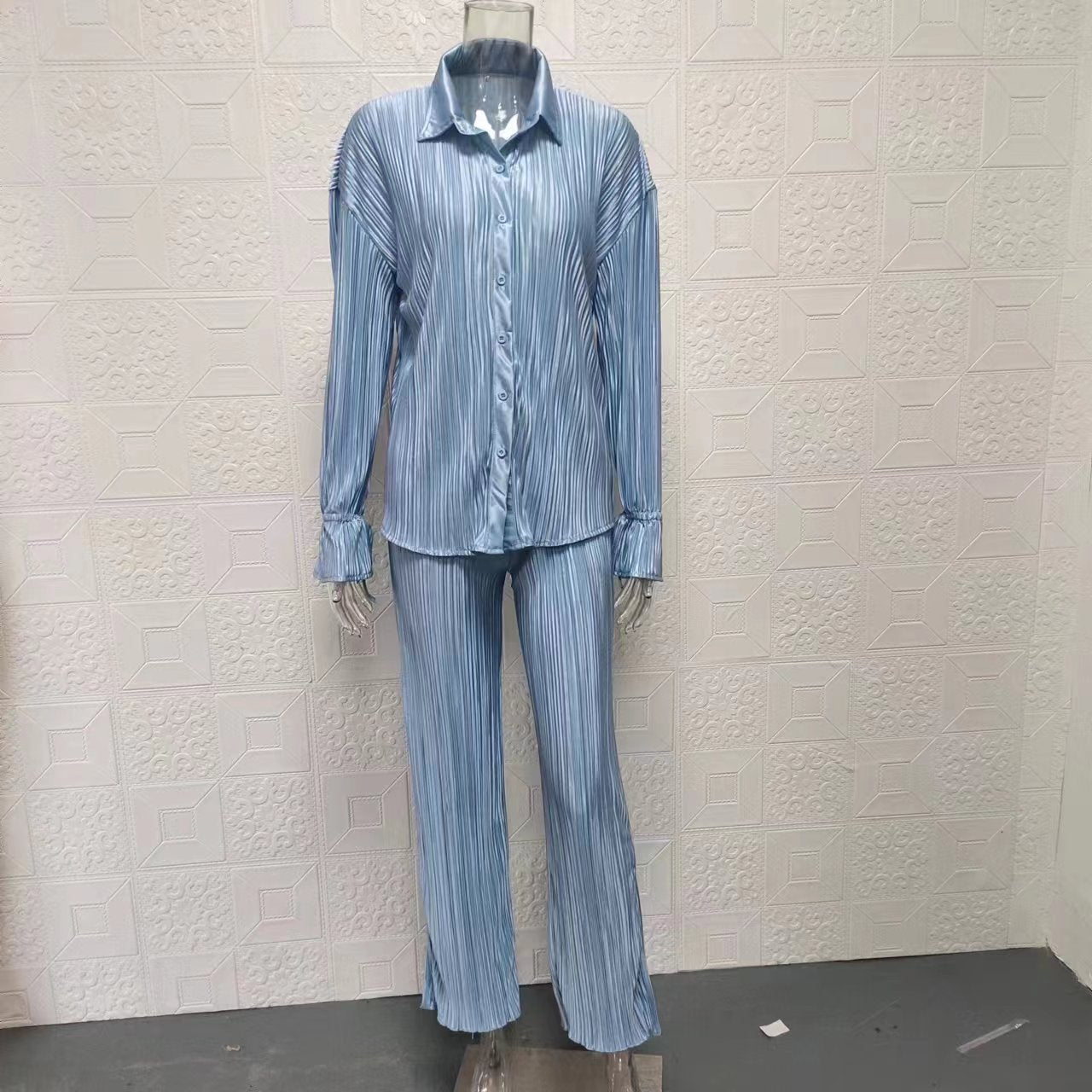 Women Clothing Spring Summer Suit Pleated Shirt Long Sleeve Collared Cardigan Split Pajamas Two Piece Suit